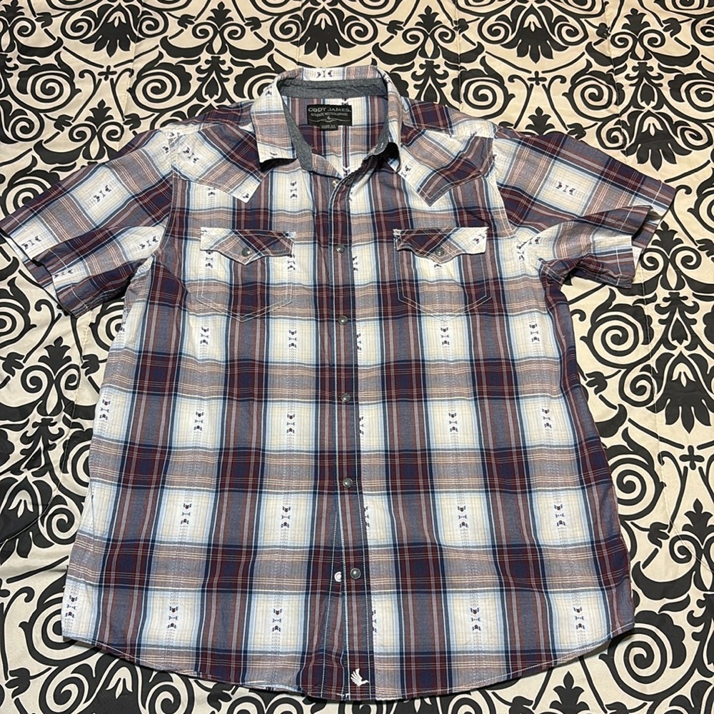 Men’s Cody James Western Short Sleeve Button Down Shirt XL Burgundy White